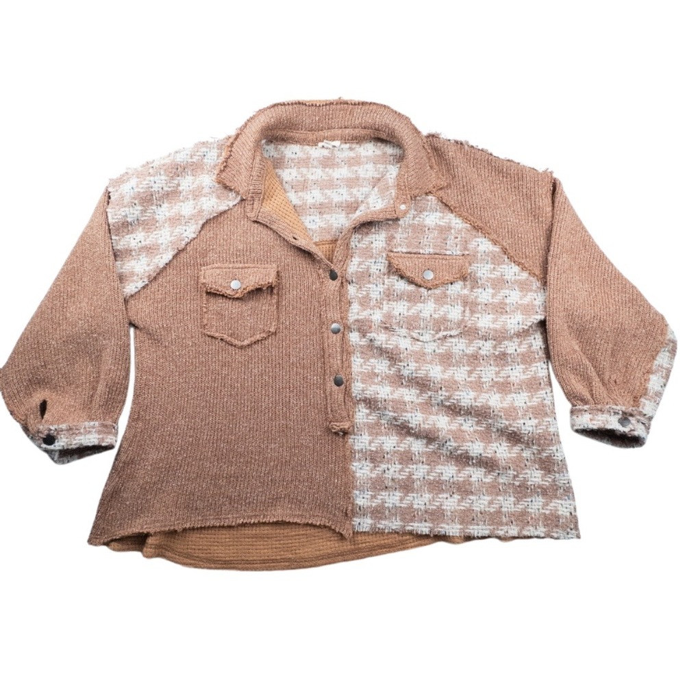 Pol Patchwork Tweed Pullover Women L Brown Houndstooth Oversized‎ Shacket Top